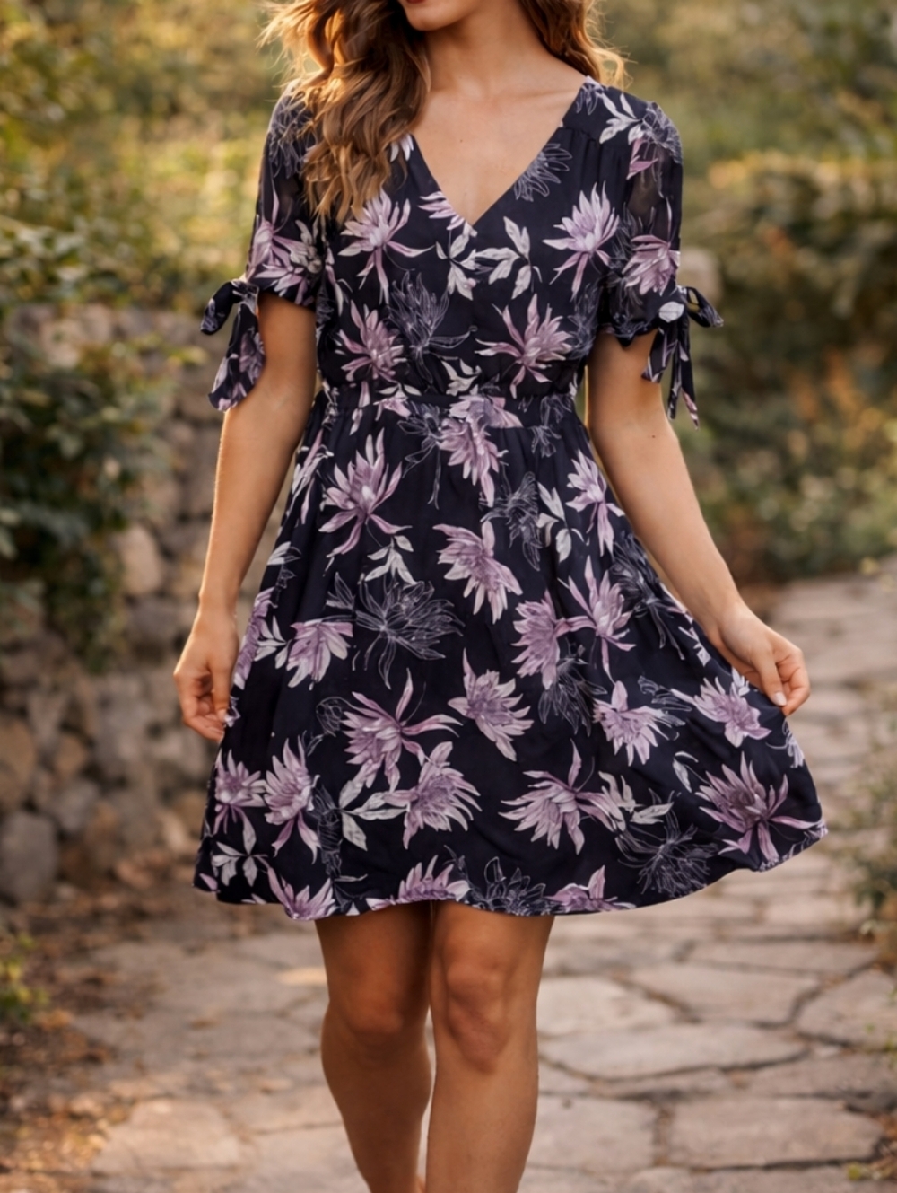 Cleo Black Floral Dress V-Neck Tie Sleeve Fit & Flare Boho Chic Lightweight